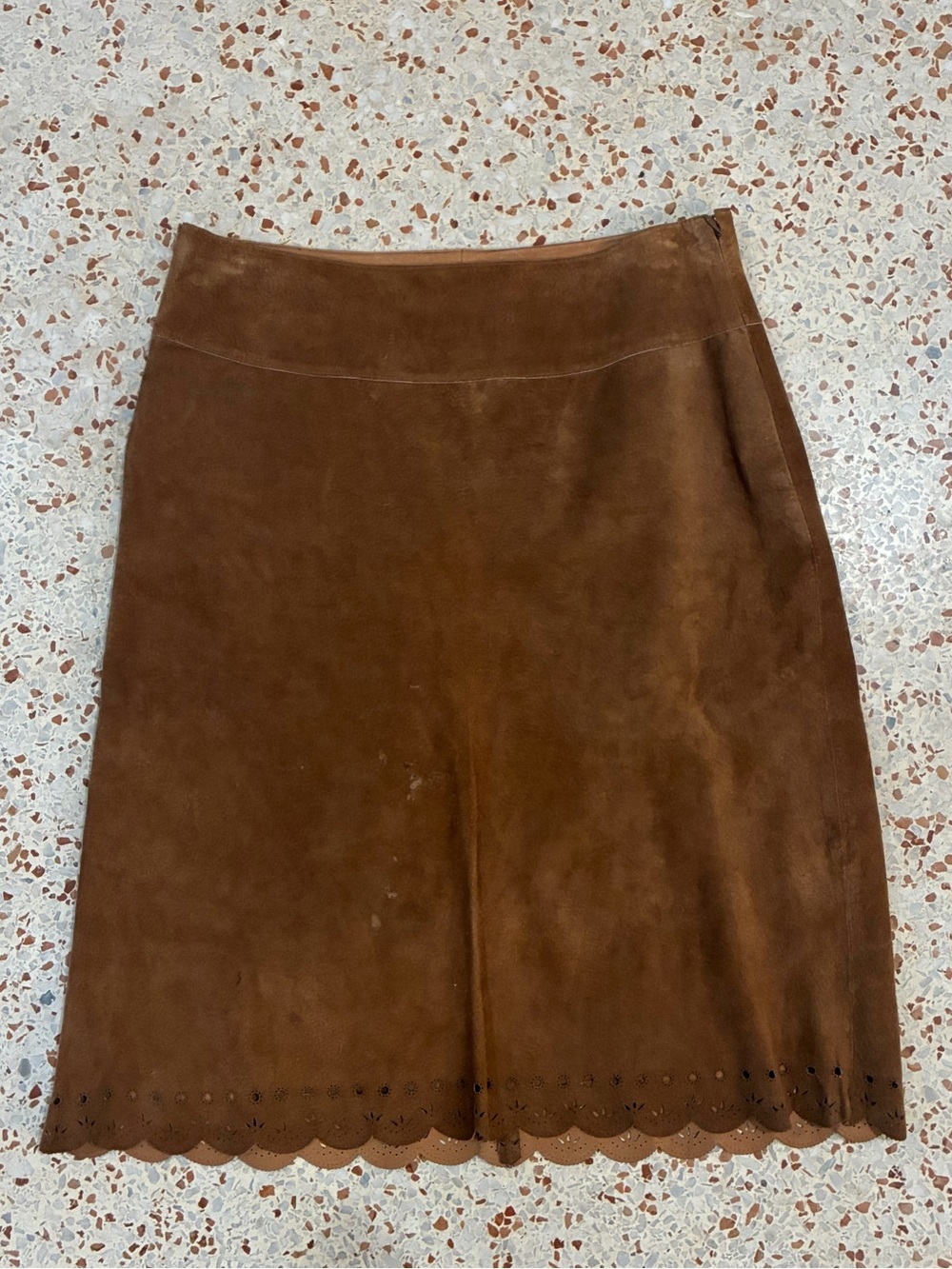 Karen Kane Brown Suede Pencil Skirt with Scalloped Hem